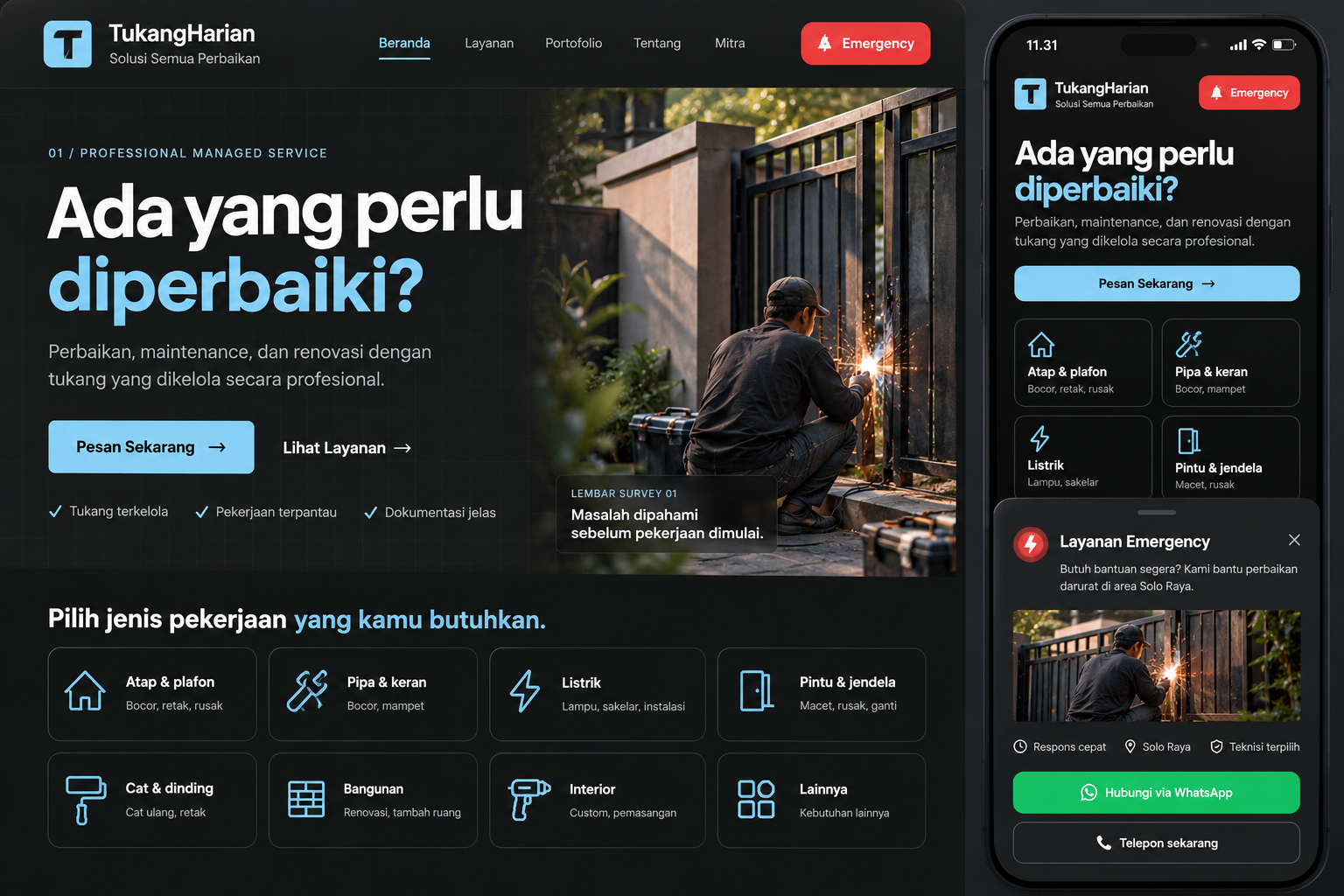 Teknisi mengelas gerbang besi yang rusak